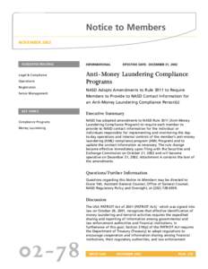 NTM 02-78: NASD Adopts Amendments to Rule 3011 to Require Members to Provide to NASD Contact Information for an Anti-Money Laundering Compliance Person(s) (November 2002)