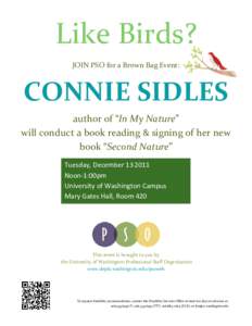 Like Birds? JOIN PSO for a Brown Bag Event: CONNIE SIDLES author of “In My Nature” will conduct a book reading & signing of her new