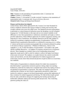 Grant R305F100007 Year of Study: Title: Variations in the instantiation of argumentation tasks: A cautionary tale	
   Authors: Litman,	
  C.,	
  &	
  Greenleaf,	
  C. Citation: Litman,	
  C.,	
  &	
  Gr