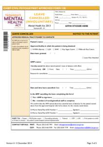 CHIEF CIVIL PSYCHIATRIST APPROVED FORM 12B THCI: (Patient Id): LEAVE CANCELLED (INVOLUNTARY)