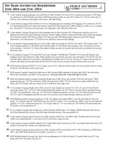 Toy Train Auction Lot Descriptions June 20th and 21st, 2014 STOUT AUCTIONS  1 Lionel modern O gauge passenger cars and B unit in OBs. IncludesandLackawanna coaches, 19138 Santa