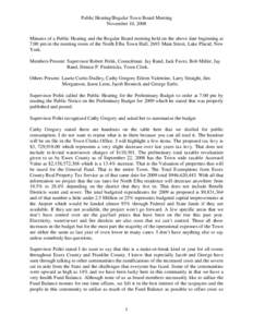Public Hearing/Regular Town Board Meeting November 10, 2008 Minutes of a Public Hearing and the Regular Board meeting held on the above date beginning at 7:00 pm in the meeting room of the North Elba Town Hall, 2693 Main