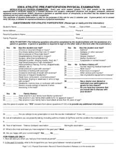 IOWA ATHLETIC PRE-PARTICIPATION PHYSICAL EXAMINATION ARTICLE VIIPHYSICAL EXAMINATION. Every year each student (gradesshall present to the student’s superintendent a certificate signed by a licensed phy