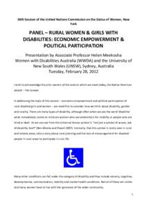 56th Session of the United Nations Commission on the Status of Women, New York PANEL – RURAL WOMEN & GIRLS WITH DISABILITIES: ECONOMIC EMPOWERMENT & POLITICAL PARTICIPATION