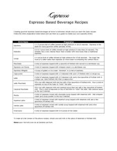 Espresso Based Beverage Recipes Creating gourmet espresso based beverages at home is extremely simple once you learn the basic recipes. Follow the drink preparation notes below and use them as a guide to create your own 