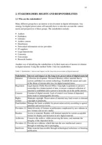 STAKEHOLDERS: RIGHTS AND RESPONSIBILITIES 2.1 Who are the stakeholders? Many different groups have an interest or involvement in digital information. Any strategy for digital preservation will naturally have to ta