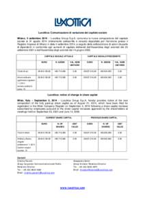 Luxottica: Comunicazione di variazione del capitale sociale Milano, 5 settembre 2014 – Luxottica Group S.p.A. comunica la nuova composizione del capitale sociale al 31 agosto[removed]interamente sottoscritto e versato) d