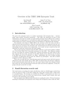 Overview of the TREC 2006 Enterprise Track Ian Soboroff NIST, USA   Arjen P. de Vries