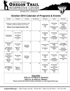 October 2014 Calendar of Programs & Events Sunday Monday  Tuesday