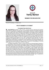 Speech By  Verity Barton MEMBER FOR BROADWATER  Record of Proceedings, 31 October 2013