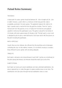 Futsal Rules Summary THE BASICS A futsal pitch for senior games should be between 38 - 42m in length and 18 - 22m in width. However, a pitch which is a minimum of 25m long and 15m wide is acceptable, particularly for jun