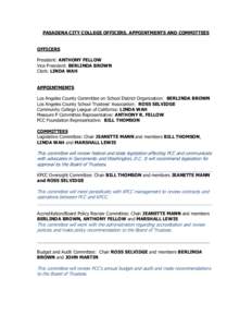 PASADENA CITY COLLEGE OFFICERS, APPOINTMENTS AND COMMITTEES OFFICERS President: ANTHONY FELLOW Vice President: BERLINDA BROWN Clerk: LINDA WAH APPOINTMENTS