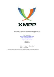 XEP-0002: Special Interest Groups (SIGs) Peter Saint-Andre mailto:[removed] xmpp:[removed] https://stpeter.im[removed]