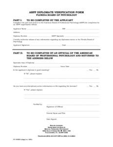 Florida Board of Psycholgy - ABPP Diplomate Verification Form