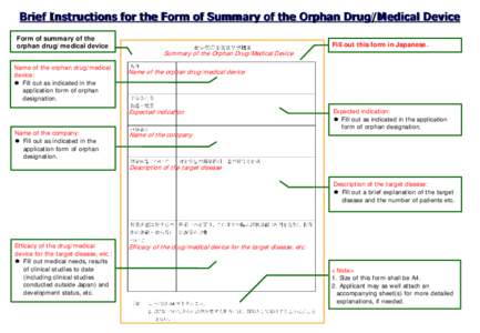 Brief Instructions for the Form of Summary of the Orphan Drug/Medical Device Form of summary of the orphan drug/medical device Name of the orphan drug/medical device:  Fill out as indicated in the