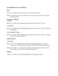 APA REFERENCE LIST EXAMPLES: Books Konstam, A[removed]The history of pirates. New York, NY: Lyons Press. Cohen, I. B[removed]The triumph of numbers: How counting shaped modern life. New York, NY: W.W. Norton. Newspaper