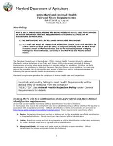 Maryland Department of Agriculture 2015 Maryland Animal Health Fair and Show Requirements Ref: COMARRe-Issued: May 8, 2015