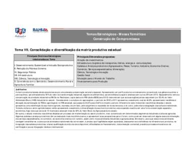 Temas Estratégicos - Mesas Temáticas Construção de Compromissos Tema VII. Consolidação e diversificação da matriz produtiva estadual Principais Diretrizes Estratégicas relacionadas ao Tema I. Desenvolvimento Sus