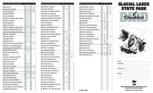 Glacial Lakes State Park Bird Checklist