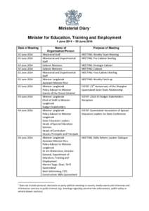 Minister for Education, Training and Employment Ministerial Diary June 2014