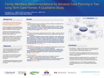 Family Members Recommendations for Advance Care Planning in Two Long-Term Care Homes: A Qualitative Study Ramsbottom, K. HBSW, (MSW Candidate), Kelley, M.L., MSW, PhD Lakehead University, Thunder Bay, Ontario  Background