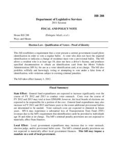 2011 Regular Session - Fiscal and Policy Note for House Bill 288