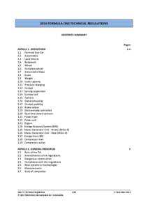 2014 FORMULA ONE TECHNICAL REGULATIONS CONTENTS SUMMARY Pages ARTICLE 1 : DEFINITIONS 1.1 Formula One Car