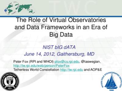 The Role of Virtual Observatories and Data Frameworks in an Era of Big Data NIST bIG dATA June 14, 2012, Gaithersburg, MD Peter Fox (RPI and WHOI) [removed], @taswegian,