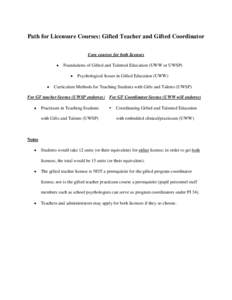 Path for Licensure Courses: Gifted Teacher and Gifted Coordinator Core courses for both licenses  Foundations of Gifted and Talented Education (UWW or UWSP) 