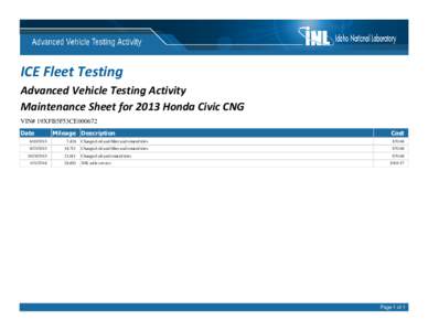 ICE Fleet Testing Advanced Vehicle Testing Activity Maintenance Sheet for 2013 Honda Civic CNG VIN# 19XFB5F53CE000672 Date