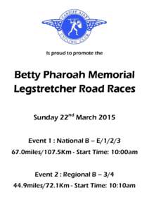 Is proud to promote the  Betty Pharoah Memorial Legstretcher Road Races Sunday 22nd March 2015 Event 1 : National B – E/1/2/3