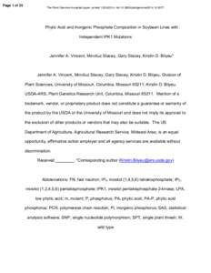 Page 1 of 35  The Plant Genome Accepted paper, posted[removed]doi:[removed]plantgenome2014[removed]Phytic Acid and Inorganic Phosphate Composition in Soybean Lines with Independent IPK1 Mutations