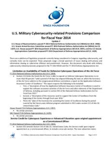 U.S. Military Cybersecurity-related Provisions Comparison for Fiscal Year 2014 Update 2 U.S. House of Representatives passed FY 2014 National Defense Authorization Act [NDAA] Act (H.R. 1960); U.S. Senate Armed Services C