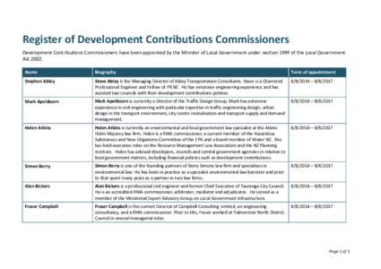 Register of Development Contributions Commissioners Development Contributions Commissioners have been appointed by the Minister of Local Government under section 199F of the Local Government Act[removed]Name  Biography