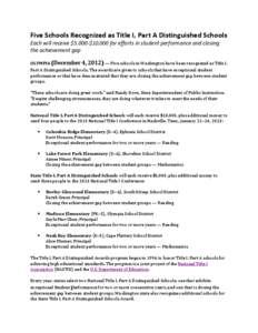 Five Schools Recognized as Title I, Part A Distinguished Schools Each will receive $5,000-$10,000 for efforts in student performance and closing the achievement gap OLYMPIA (December 4, 2012) — Five schools in Washingt