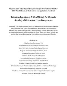 Response to the Initial Request for Information for the initiation of theDecadal Survey for Earth Science and Applications from Space  Burning Questions: Critical Needs for Remote Sensing of Fire Impacts on Eco