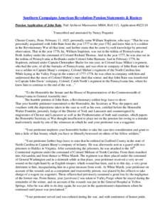 Southern Campaigns American Revolution Pension Statements & Rosters Pension Application of John Bain, Natl Archives Microseries M804, Roll 113, Application #S22110 Transcribed and annotated by Nancy Poquette Chester Coun