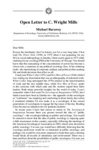 Open Letter to C. Wright Mills Michael Burawoy Department of Sociology, University of California, Berkeley, CA 94720, USA;   Dear Mills