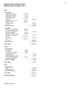 Page 1  Nanaimo Hope Lutheran Church Balance Sheet As at May 31, 2014 ASSET Current Assets
