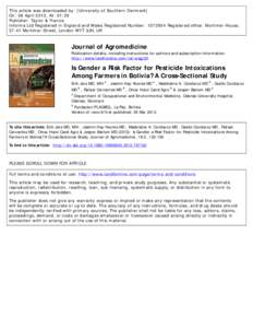 Is Gender a Risk Factor for Pesticide Intoxications Among Farmers in Bolivia? A Cross-Sectional Study