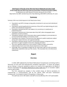 2014 Report of Results of the 2013 Anti-Racist Multicultural Justice Audit Of the leadership and staff of the American Association of Pastoral Counselors (AAPC) Conducted by the AAPC Board of Directors during the Fall of