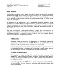 Brenntag North America, Inc. Health, Safety, Security & Environmental Policy Page 1 of 2 Implementation Date: Revision Date: