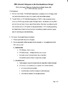 FBO Advocate’s Response to the FleeVBankBoston Merger Public Information Meeting + Federal Reserve Bank, Boston, MA  July 7, 1999 + Frank Kelley, testifying