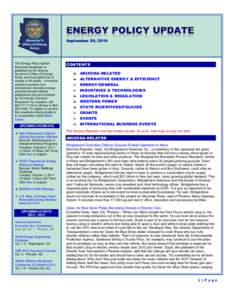 September 29, 2014  The Energy Policy Update Electronic Newsletter is published by the Arizona Governor’s Office Of Energy