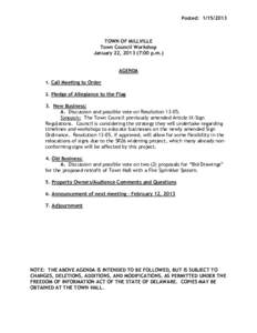 Posted: [removed]TOWN OF MILLVILLE Town Council Workshop January 22, [removed]:00 p.m.) AGENDA