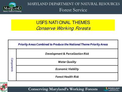 Forest Service USFS NATIONAL THEMES Conserve Working Forests Priority Areas Combined to Produce the National Theme Priority Areas Development & Parcelization Risk