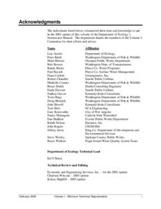 Acknowledgments The individuals listed below volunteered their time and knowledge to aid in the 2001 update of this volume of the Department of Ecology’s Stormwater Manual. The department thanks the members of the Volu