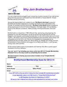Why Join Brotherhood? You are invited and encouraged to get involved as an active member of our vital service group that this past year contributed more than $20,000 to Temple Beth-El, Temple Families and the Community. 