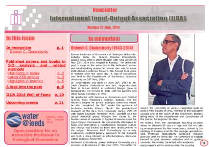 Newsletter Number 27; Aug, 2014 In this issue  In memoriam
