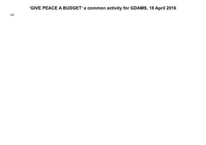 ‘GIVE PEACE A BUDGET’ a common activity for GDAMS, 18 April 2016 Let’s give people a chance to vote on what they feel will make the world a safer place. We invite you to make this action your own on or before GDAMS